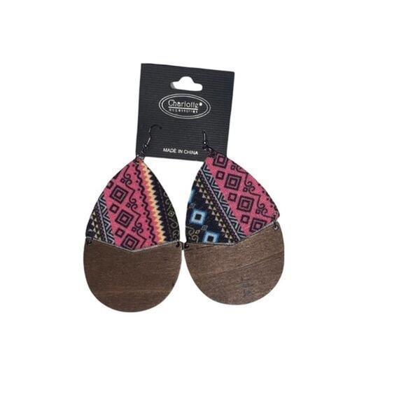 NWT Wooden Fabric Covered Boho Aztec Dangle Earrings Pink Black - Picture 1 of 5